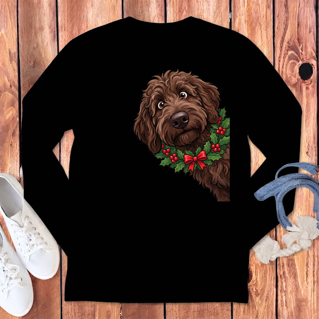 Peeking Holly Chocolate Goldendoodle Long Sleeve T-Shirt in Black / S by Puppy Jo