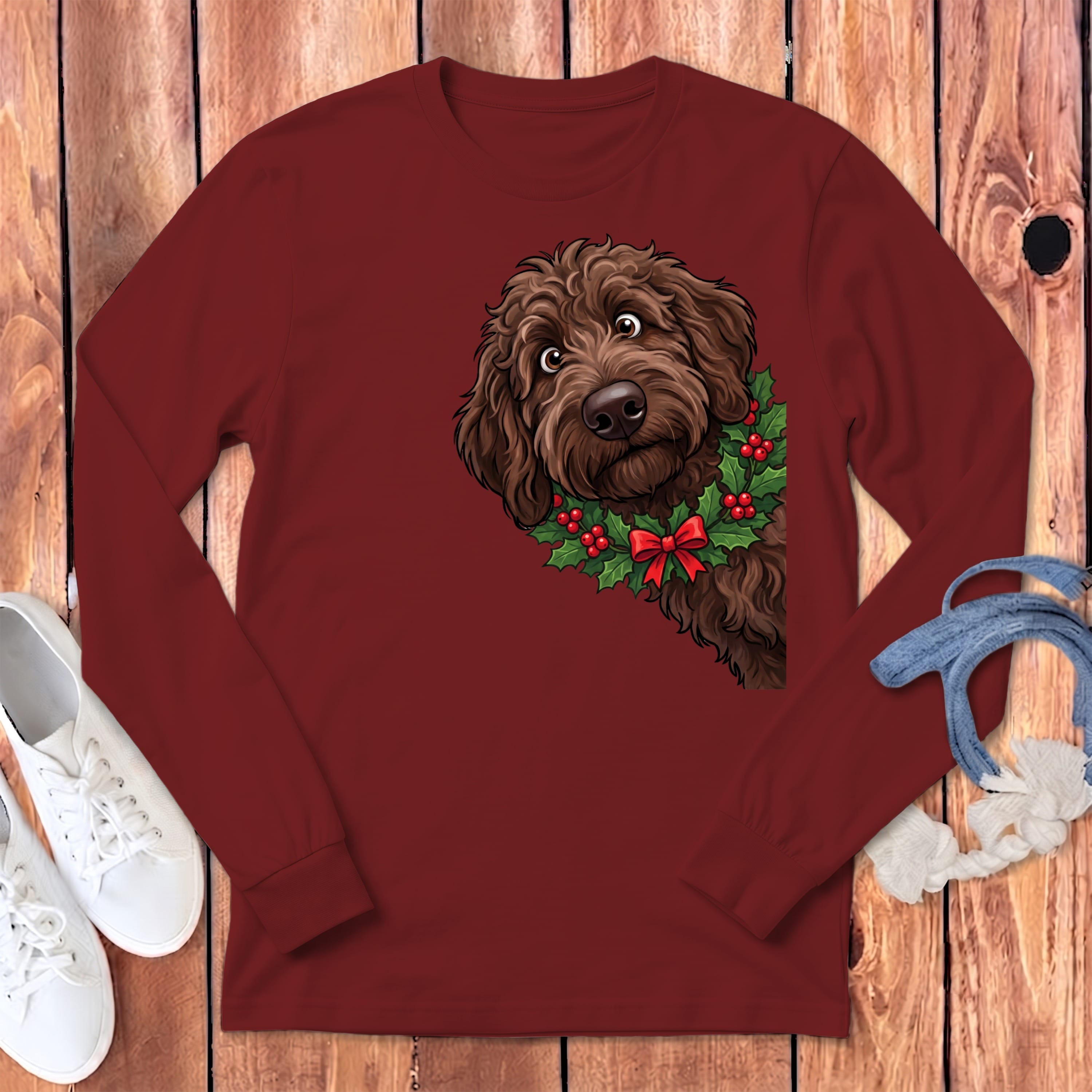 Peeking Holly Chocolate Goldendoodle Long Sleeve T-Shirt in Cardinal / S by Puppy Jo