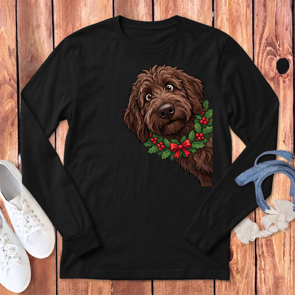 Peeking Holly Chocolate Goldendoodle Long Sleeve T-Shirt in Dark Grey Heather / S by Puppy Jo
