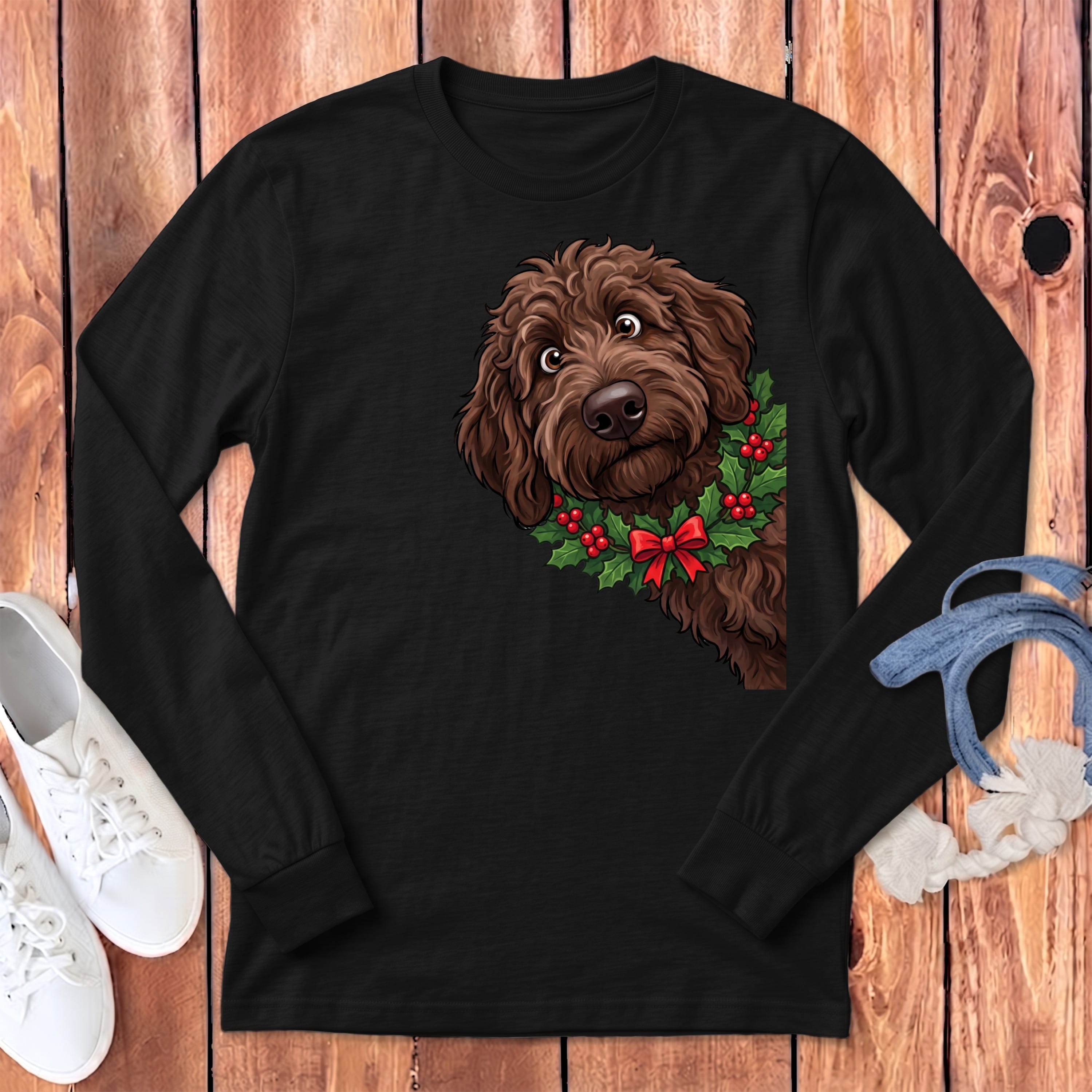 Peeking Holly Chocolate Goldendoodle Long Sleeve T-Shirt in Dark Grey Heather / S by Puppy Jo