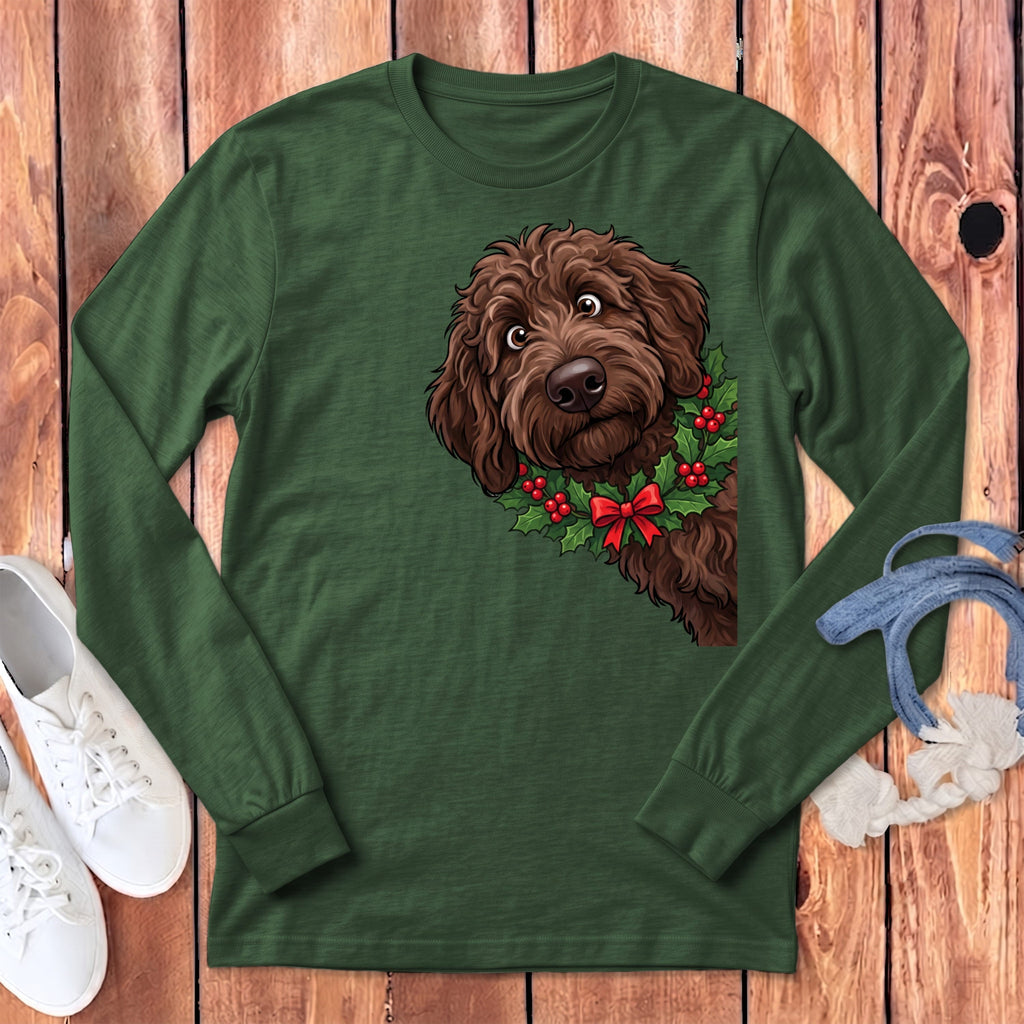 Peeking Holly Chocolate Goldendoodle Long Sleeve T-Shirt in Heather Forest / S by Puppy Jo