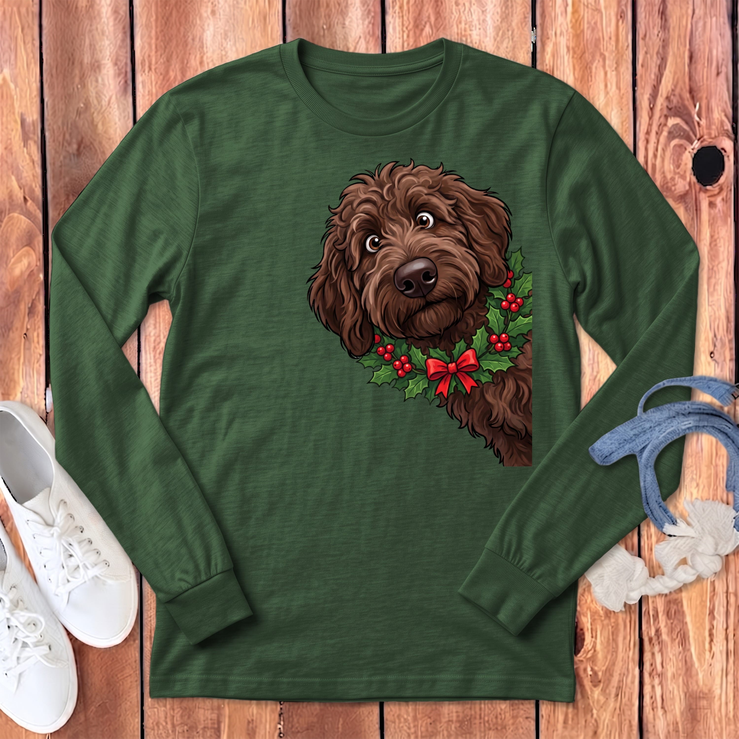 Peeking Holly Chocolate Goldendoodle Long Sleeve T-Shirt in Heather Forest / S by Puppy Jo