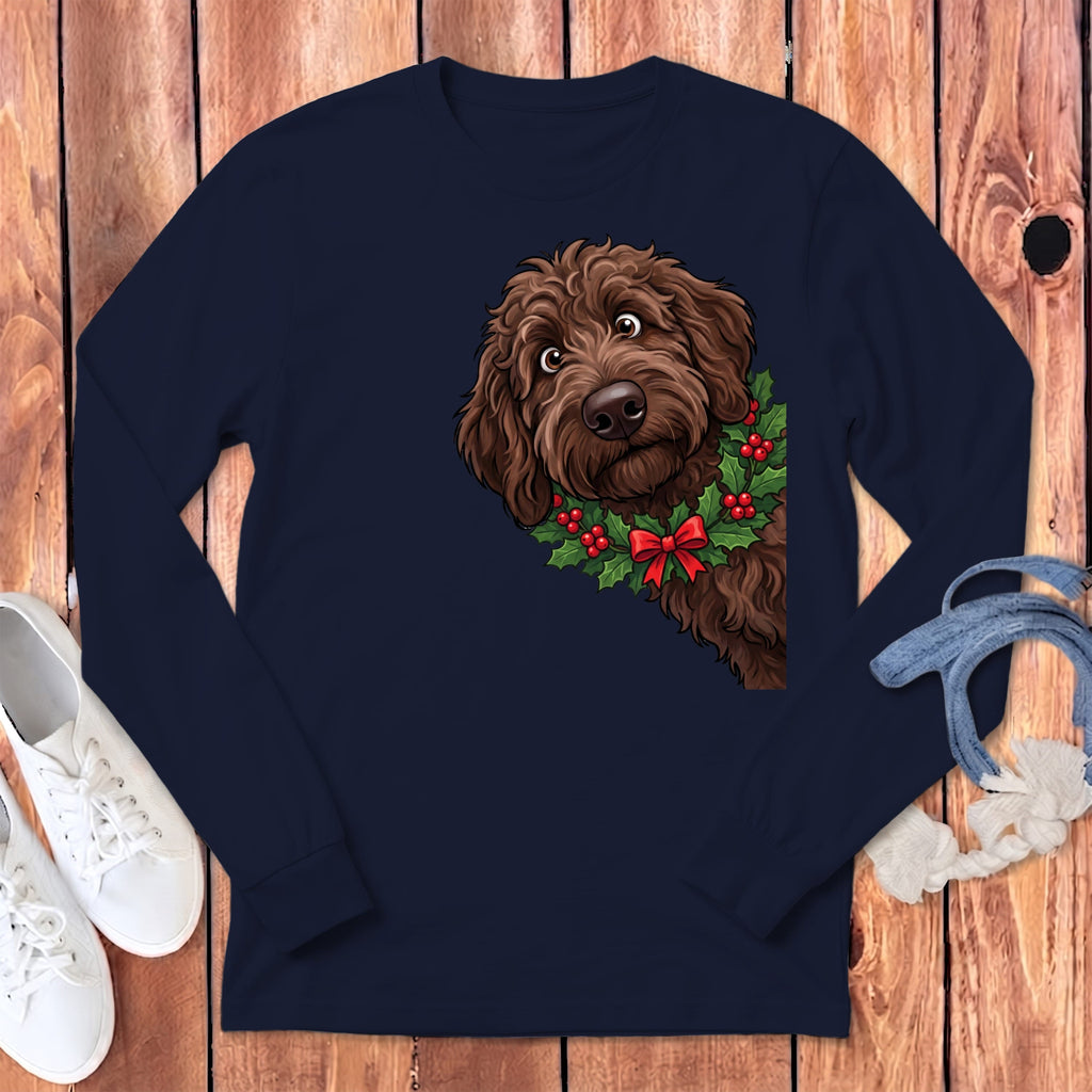 Peeking Holly Chocolate Goldendoodle Long Sleeve T-Shirt in Navy / S by Puppy Jo