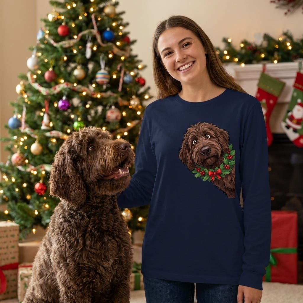 Peeking Holly Chocolate Goldendoodle Long Sleeve T-Shirt in by Puppy Jo