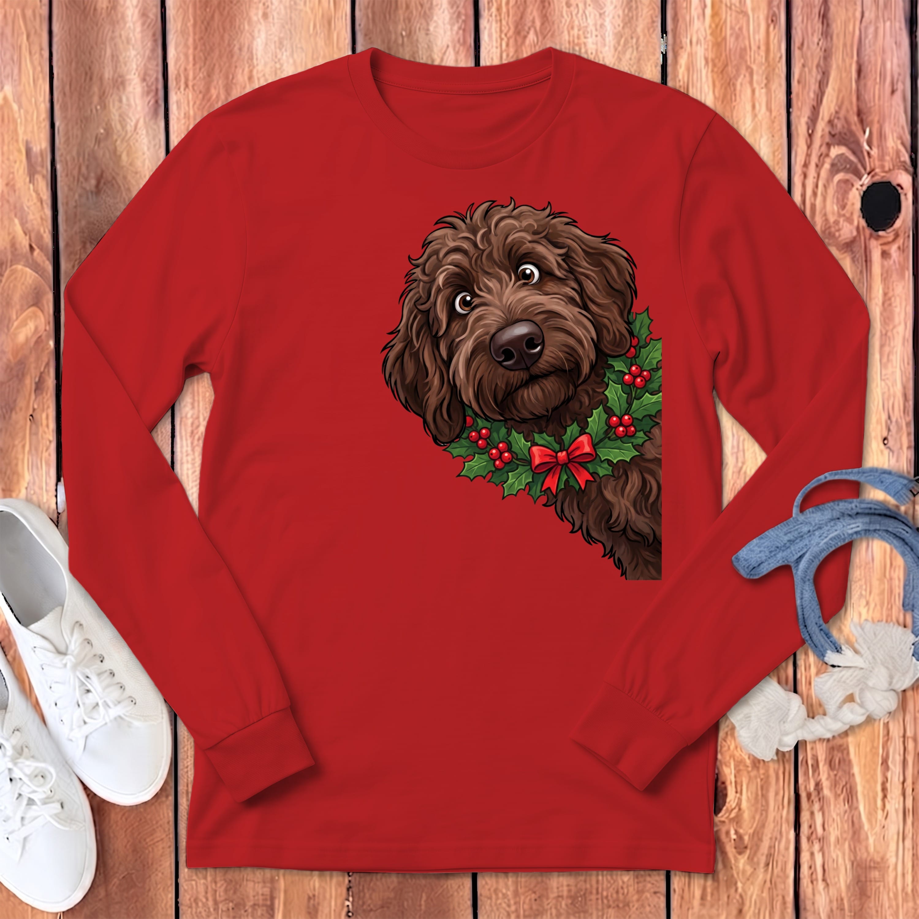 Peeking Holly Chocolate Goldendoodle Long Sleeve T-Shirt in Red / S by Puppy Jo