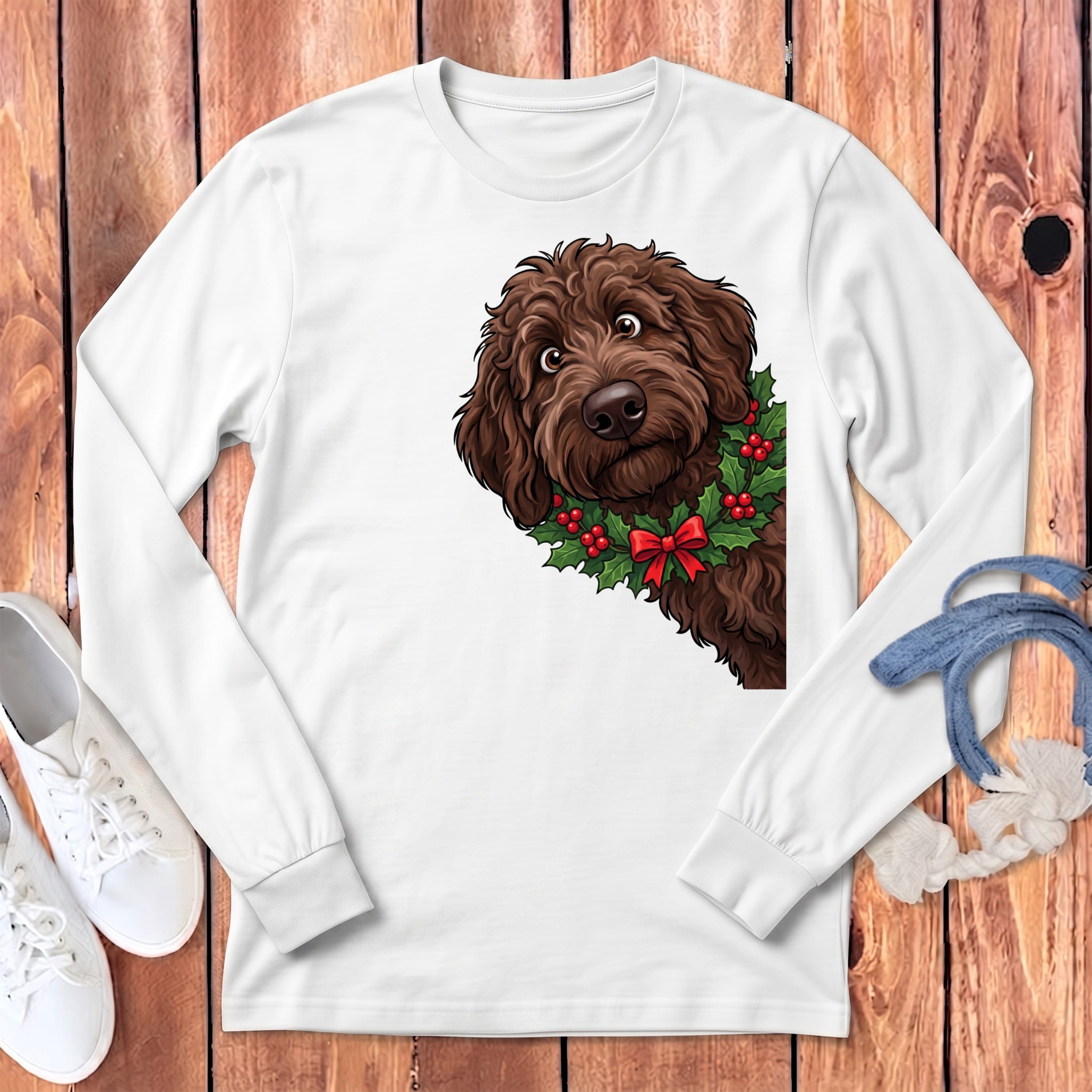 Peeking Holly Chocolate Goldendoodle Long Sleeve T-Shirt in White / S by Puppy Jo