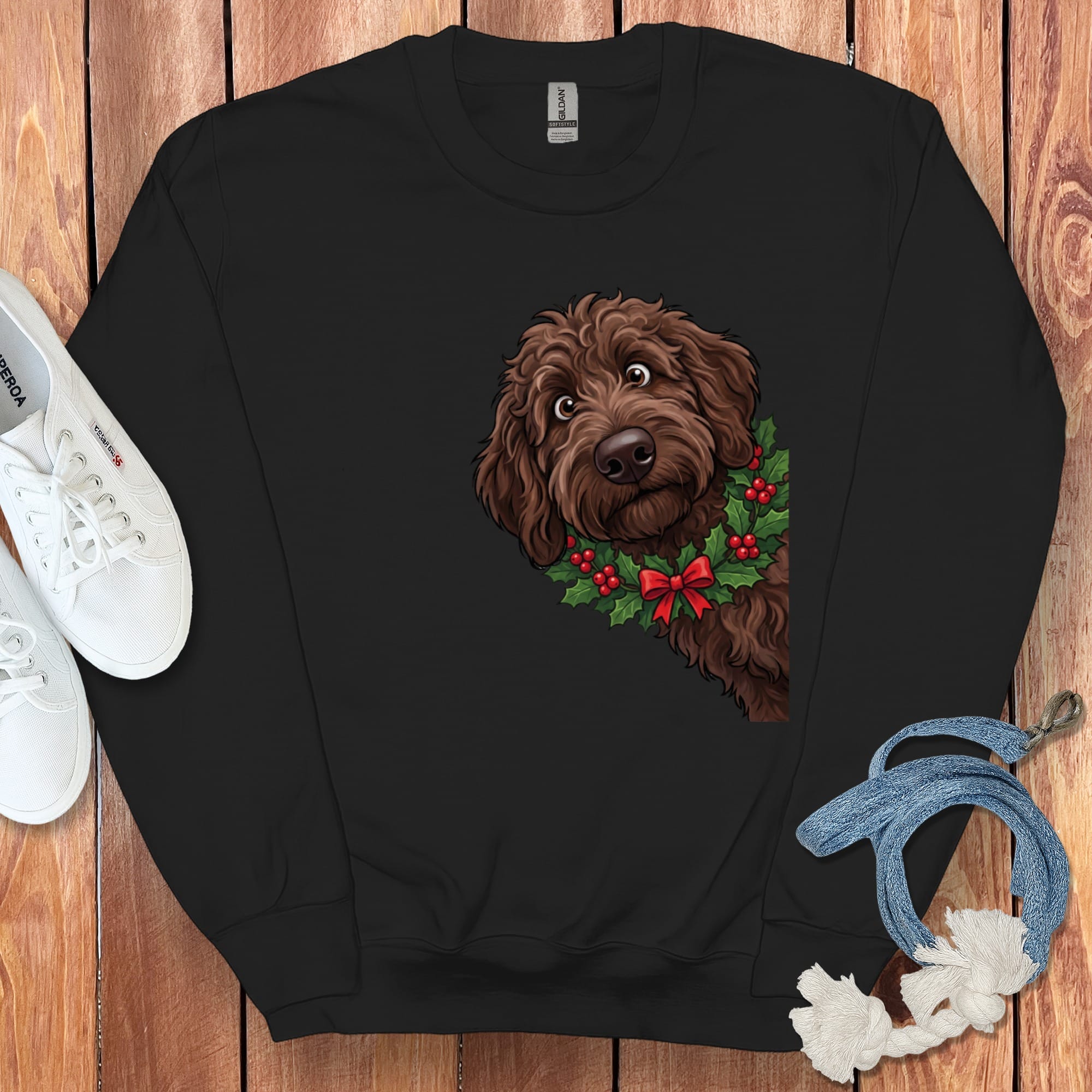 Peeking Holly Chocolate Goldendoodle Sweatshirt in Black / M by Puppy Jo