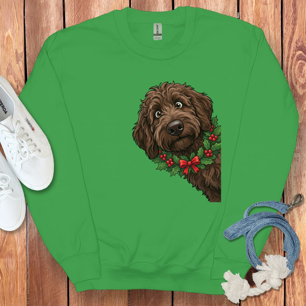 Peeking Holly Chocolate Goldendoodle Sweatshirt in Irish Green / M by Puppy Jo