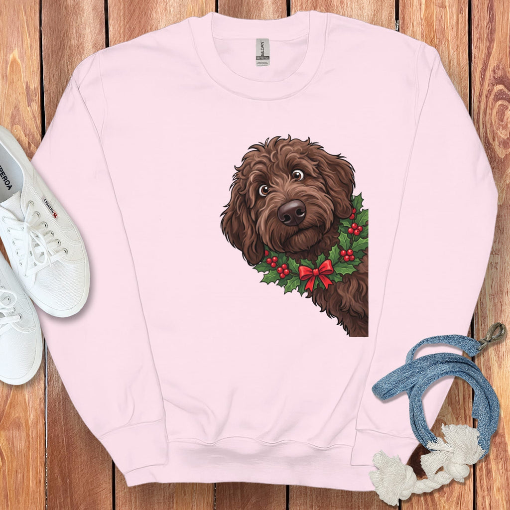 Peeking Holly Chocolate Goldendoodle Sweatshirt in Light Pink / M by Puppy Jo