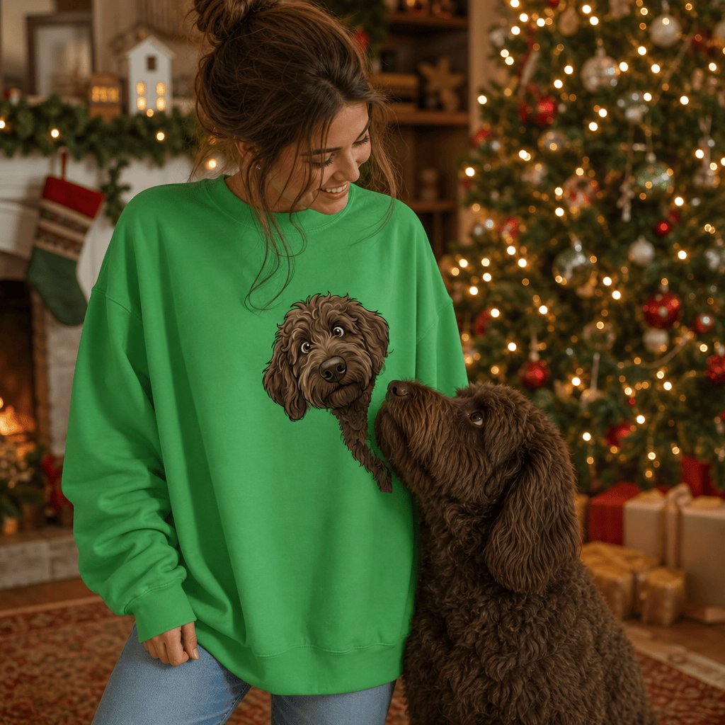 Peeking Holly Chocolate Goldendoodle Sweatshirt in by Puppy Jo