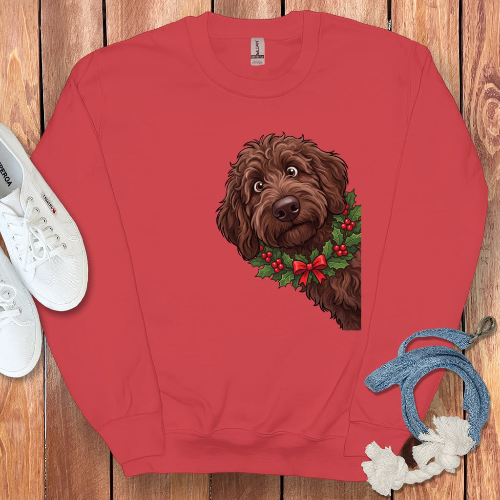 Peeking Holly Chocolate Goldendoodle Sweatshirt in Red / M by Puppy Jo