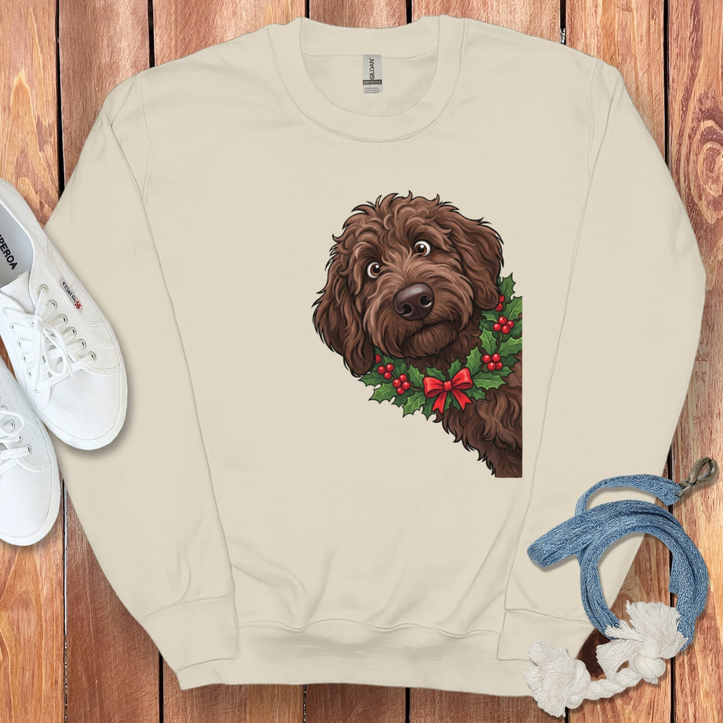 Peeking Holly Chocolate Goldendoodle Sweatshirt in Sand / M by Puppy Jo