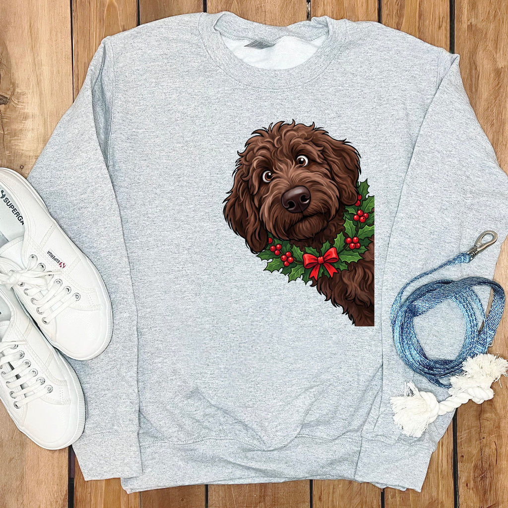 Peeking Holly Chocolate Goldendoodle Sweatshirt in Sport Grey / M by Puppy Jo