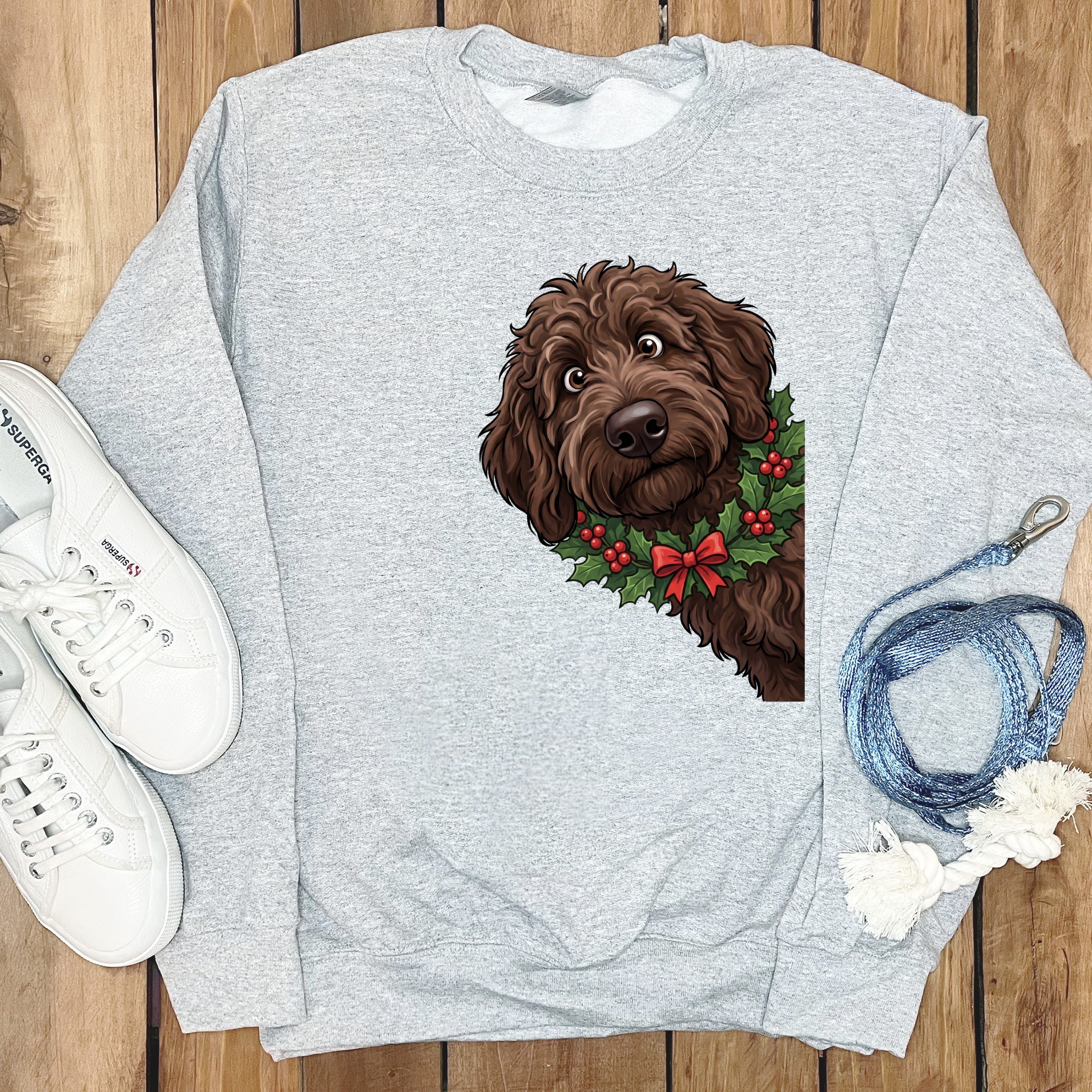 Peeking Holly Chocolate Goldendoodle Sweatshirt in Sport Grey / M by Puppy Jo