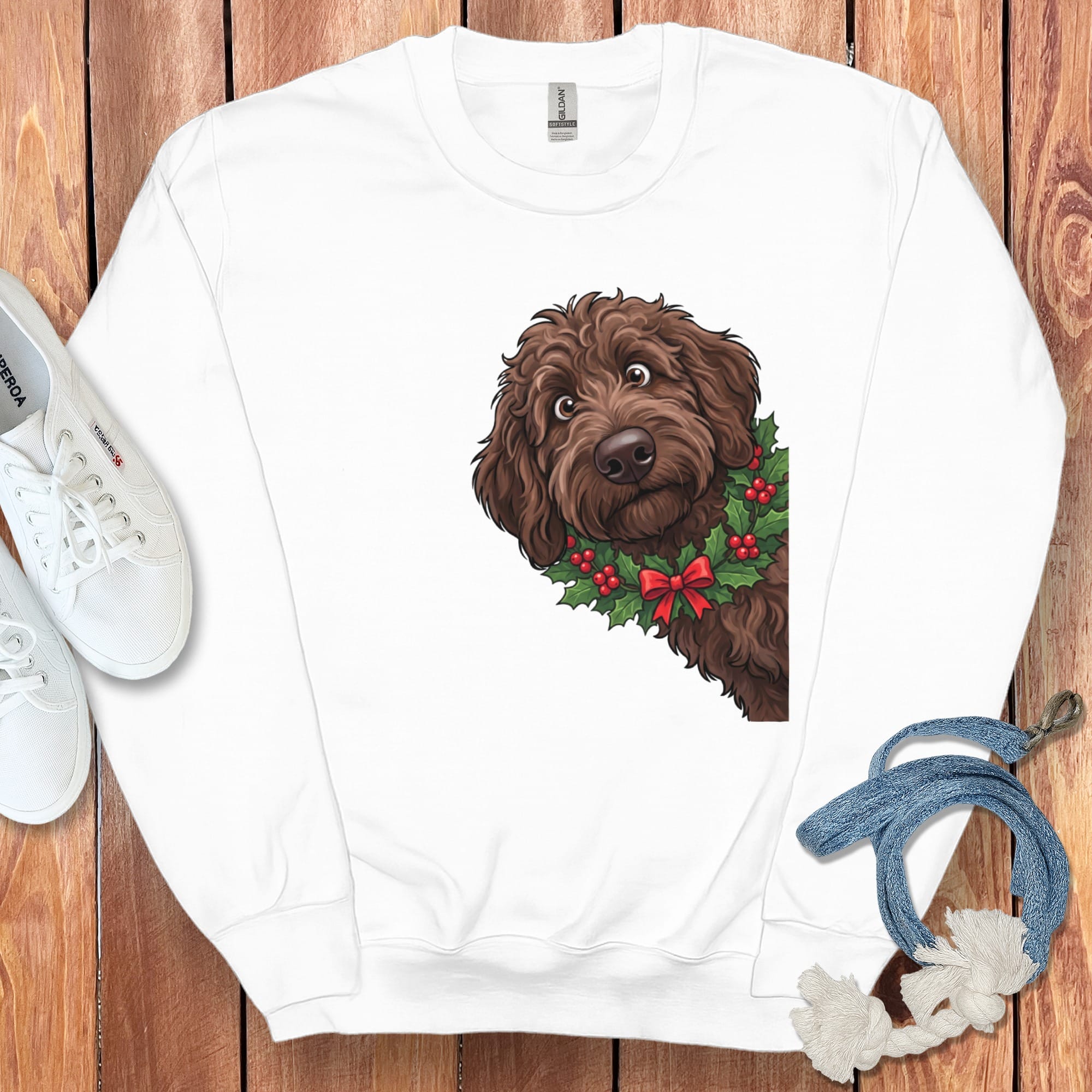 Peeking Holly Chocolate Goldendoodle Sweatshirt in White / M by Puppy Jo