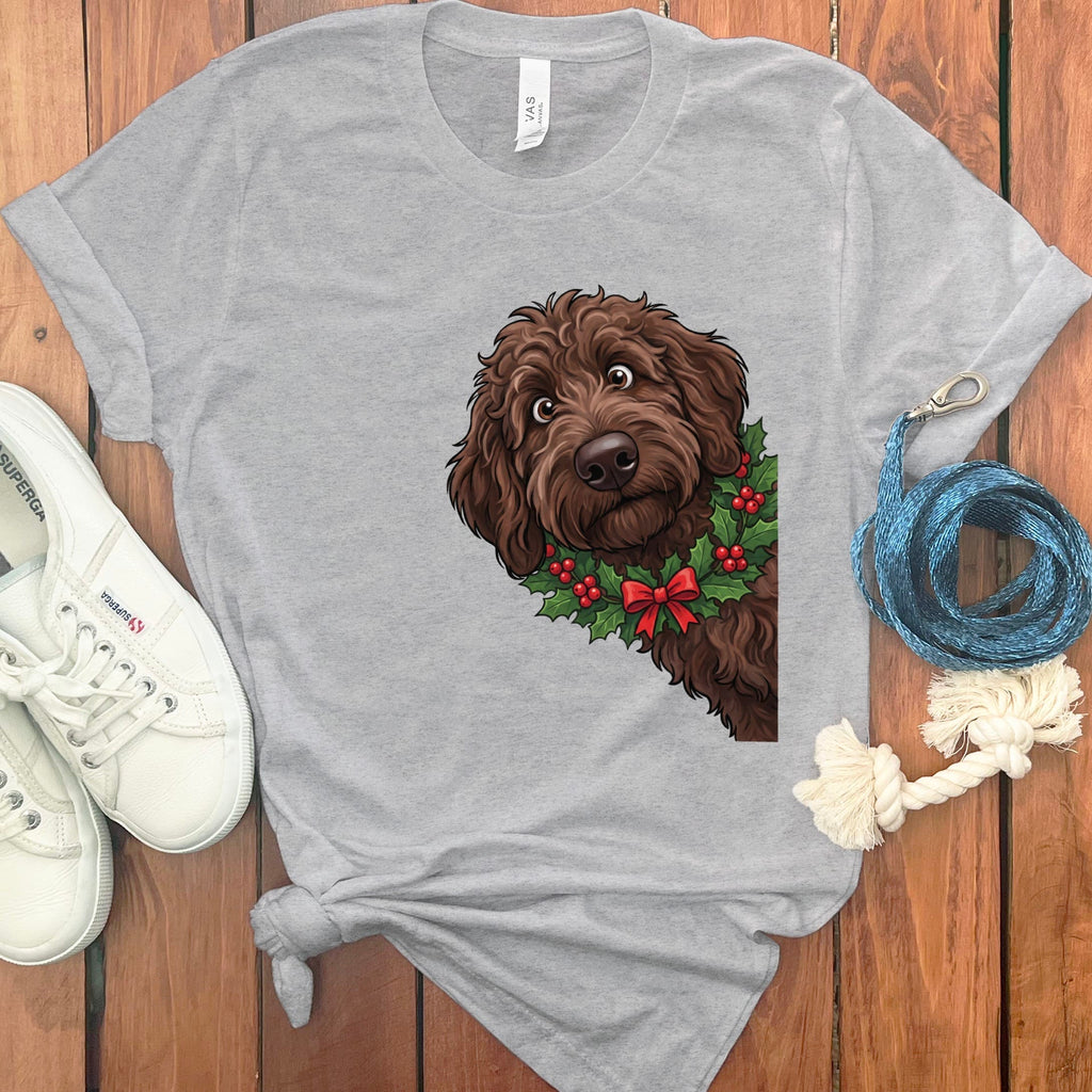 Peeking Holly Chocolate Goldendoodle T-Shirt in Athletic Heather / M / T-Shirts by Puppy Jo