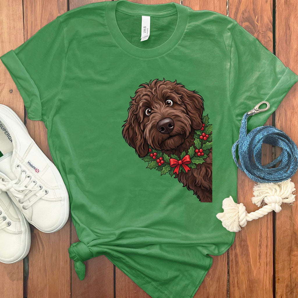 Peeking Holly Chocolate Goldendoodle T-Shirt in Leaf / M / T-Shirts by Puppy Jo