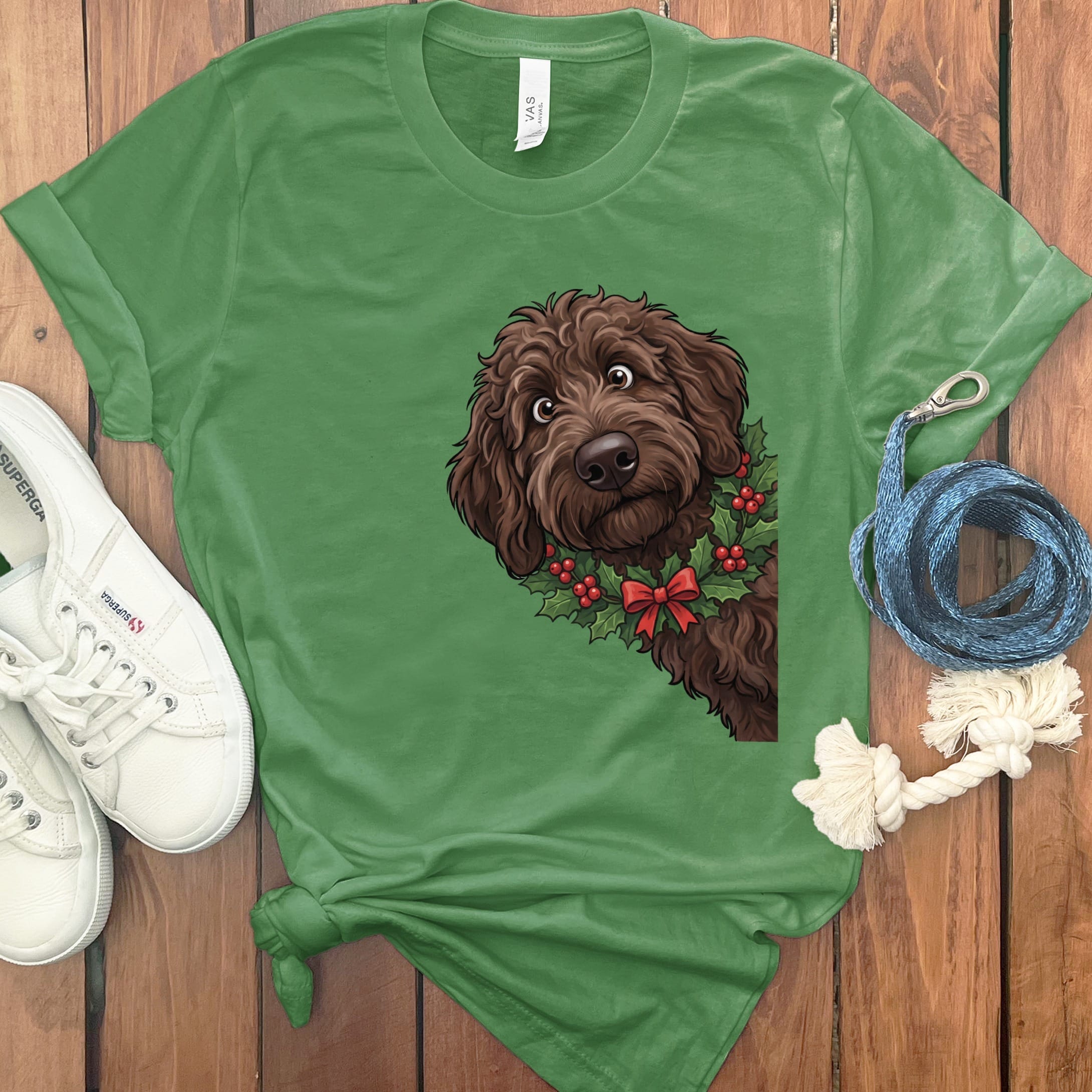 Peeking Holly Chocolate Goldendoodle T-Shirt in Leaf / M / T-Shirts by Puppy Jo