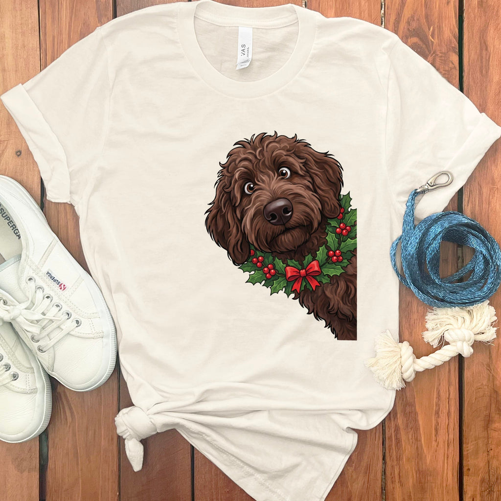 Peeking Holly Chocolate Goldendoodle T-Shirt in Natural / M / T-Shirts by Puppy Jo