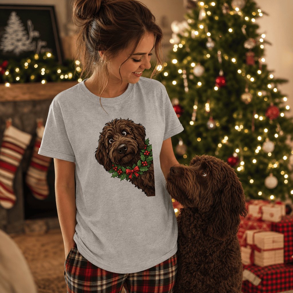 Peeking Holly Chocolate Goldendoodle T-Shirt in by Puppy Jo