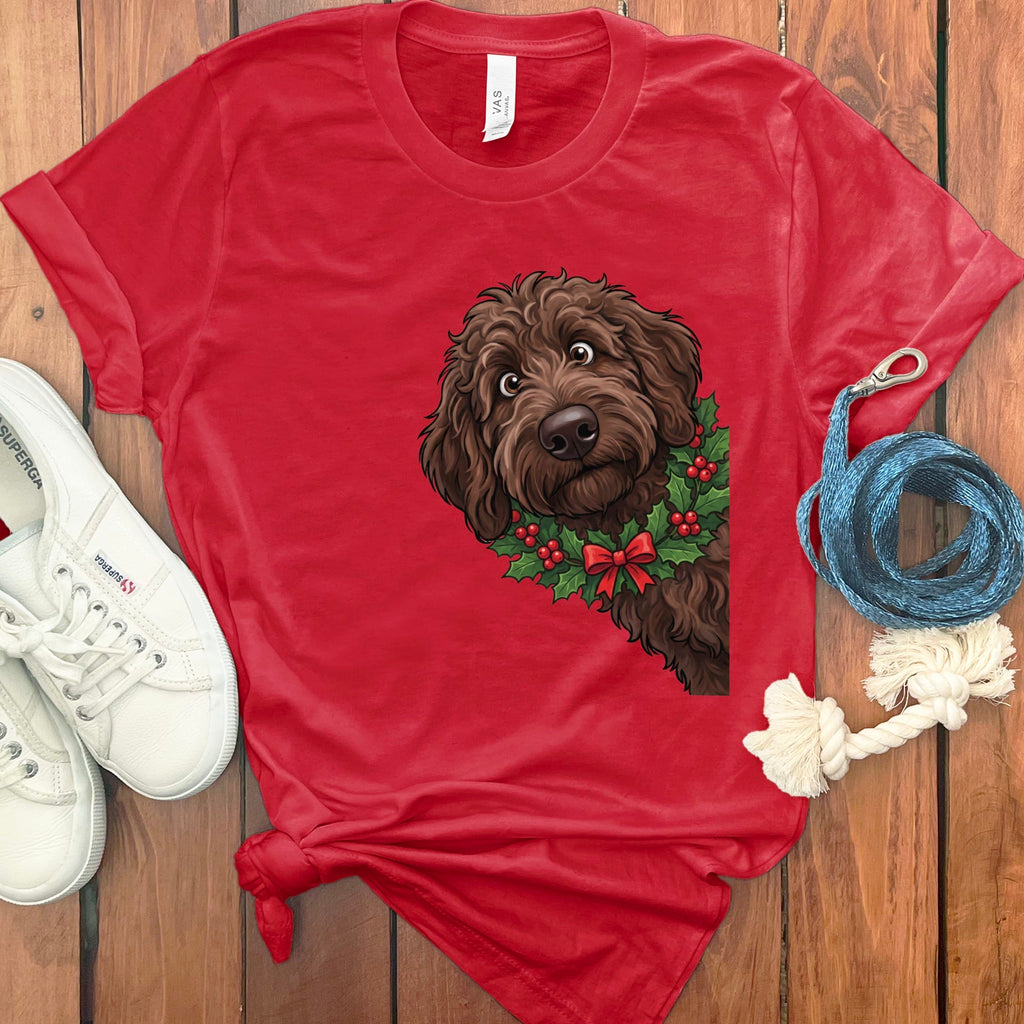 Peeking Holly Chocolate Goldendoodle T-Shirt in Red / M / T-Shirts by Puppy Jo