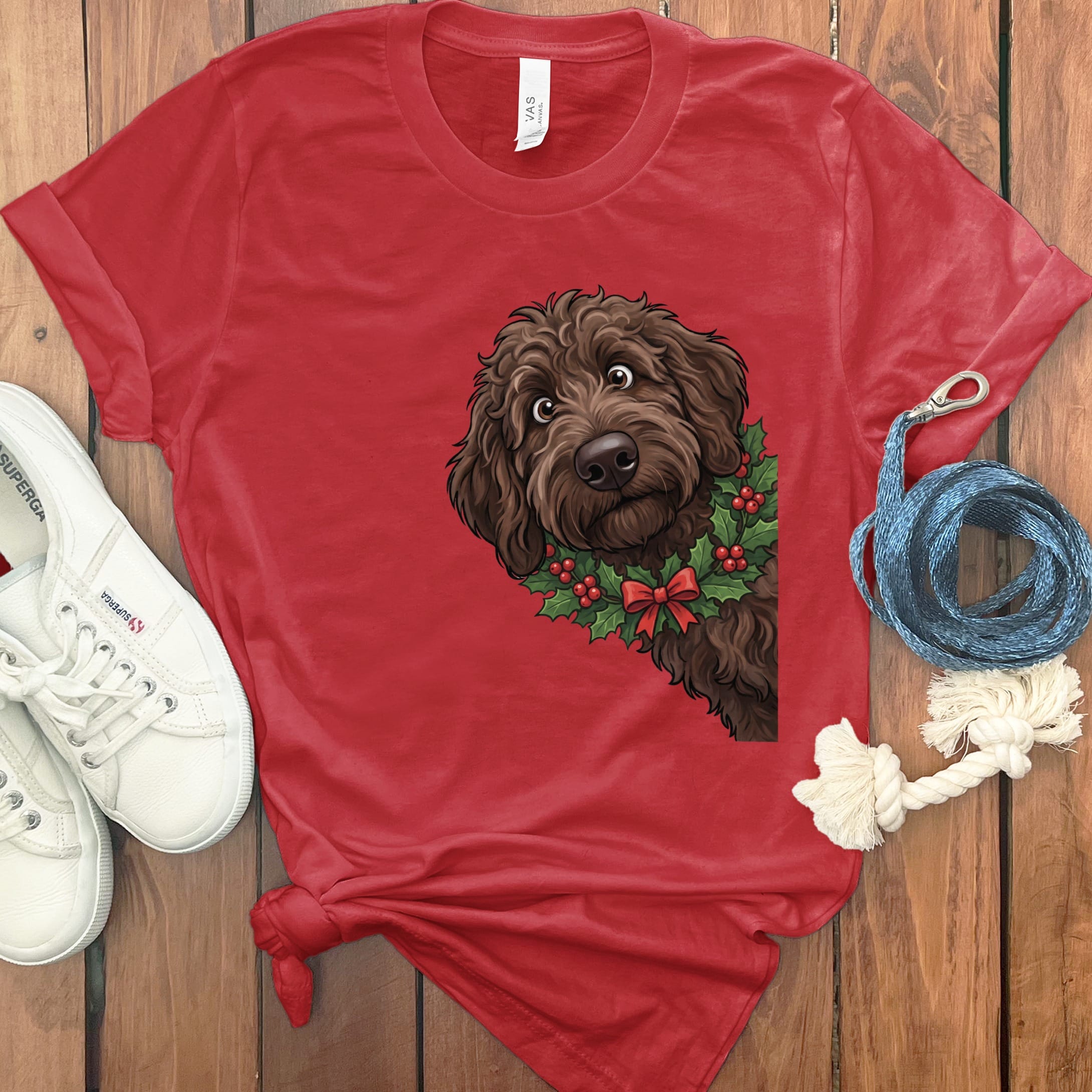 Peeking Holly Chocolate Goldendoodle T-Shirt in Red / M / T-Shirts by Puppy Jo