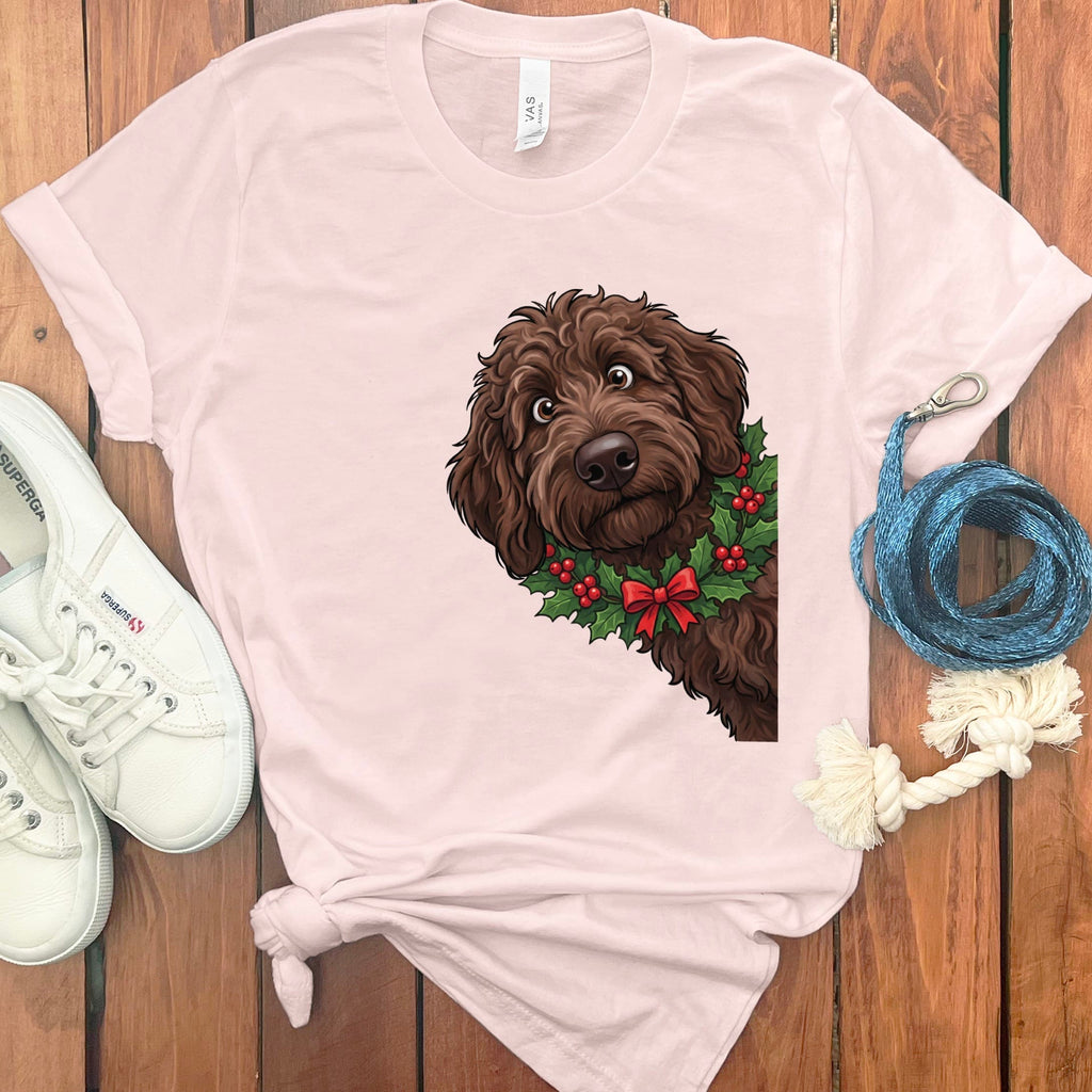 Peeking Holly Chocolate Goldendoodle T-Shirt in Soft Pink / M / T-Shirts by Puppy Jo