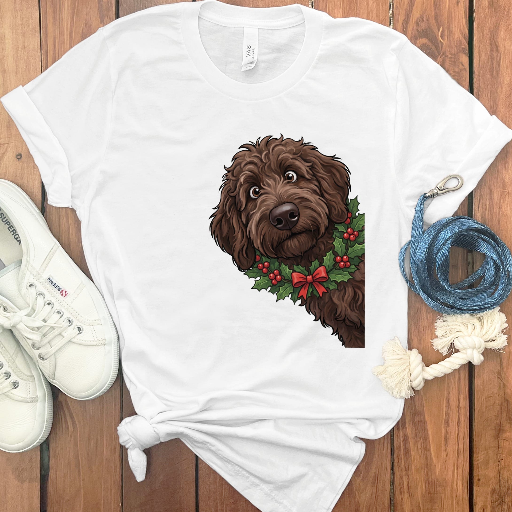 Peeking Holly Chocolate Goldendoodle T-Shirt in White / M / T-Shirts by Puppy Jo