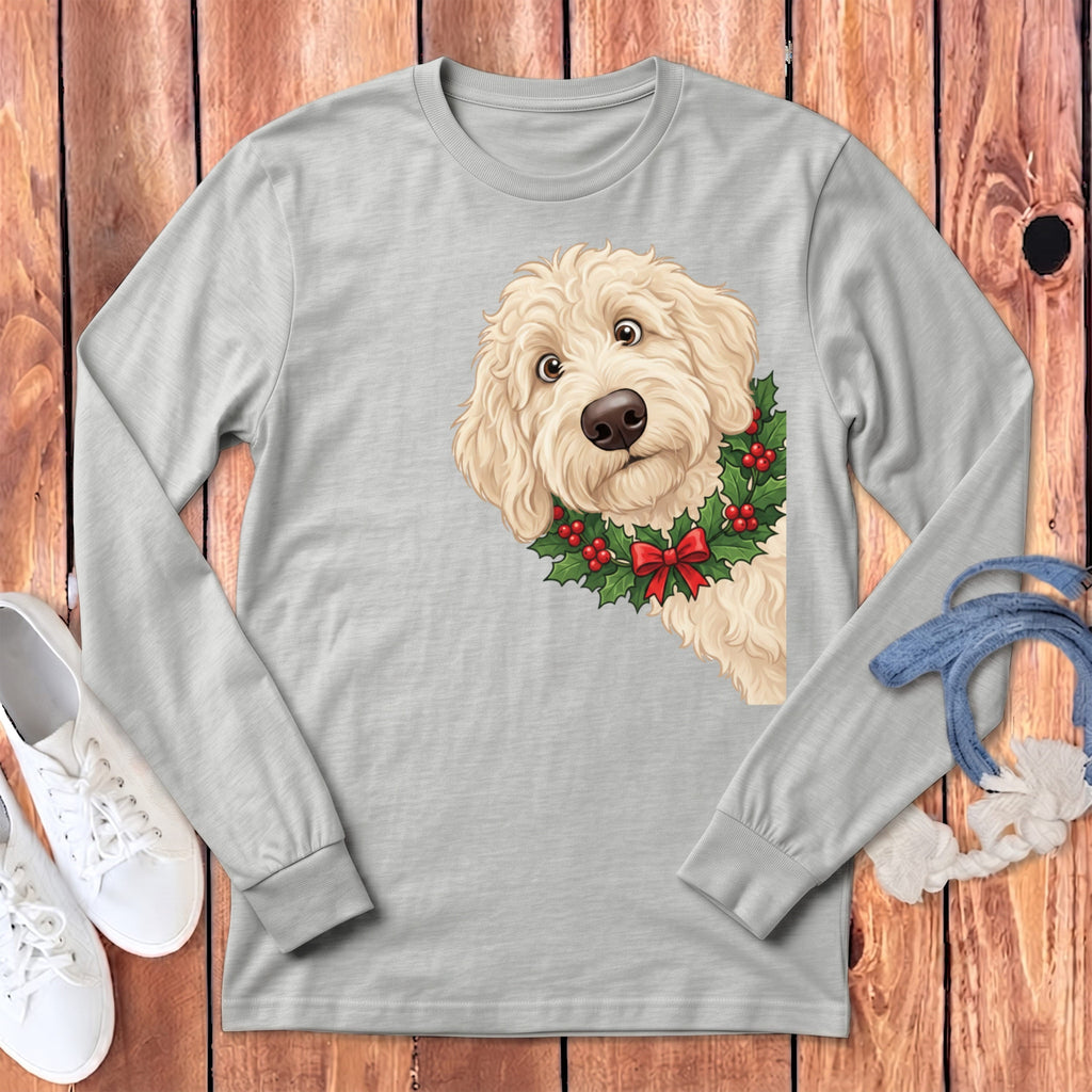 Peeking Holly Cream Goldendoodle Long Sleeve T-Shirt in Athletic Heather / S by Puppy Jo
