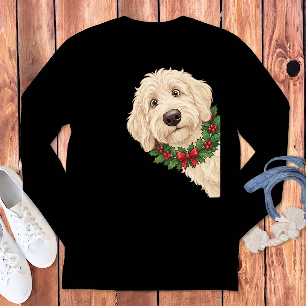 Peeking Holly Cream Goldendoodle Long Sleeve T-Shirt in Black / S by Puppy Jo