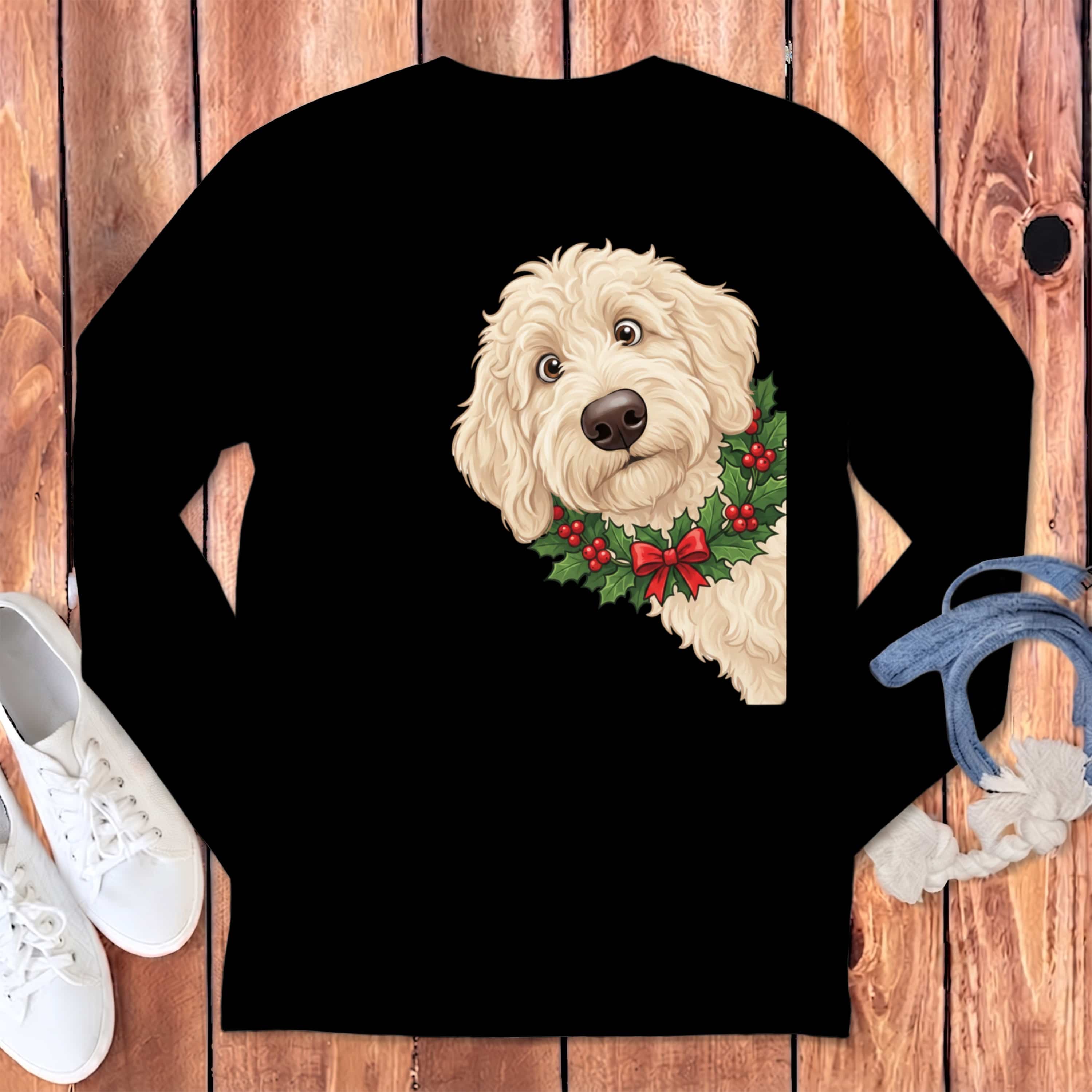 Peeking Holly Cream Goldendoodle Long Sleeve T-Shirt in Black / S by Puppy Jo