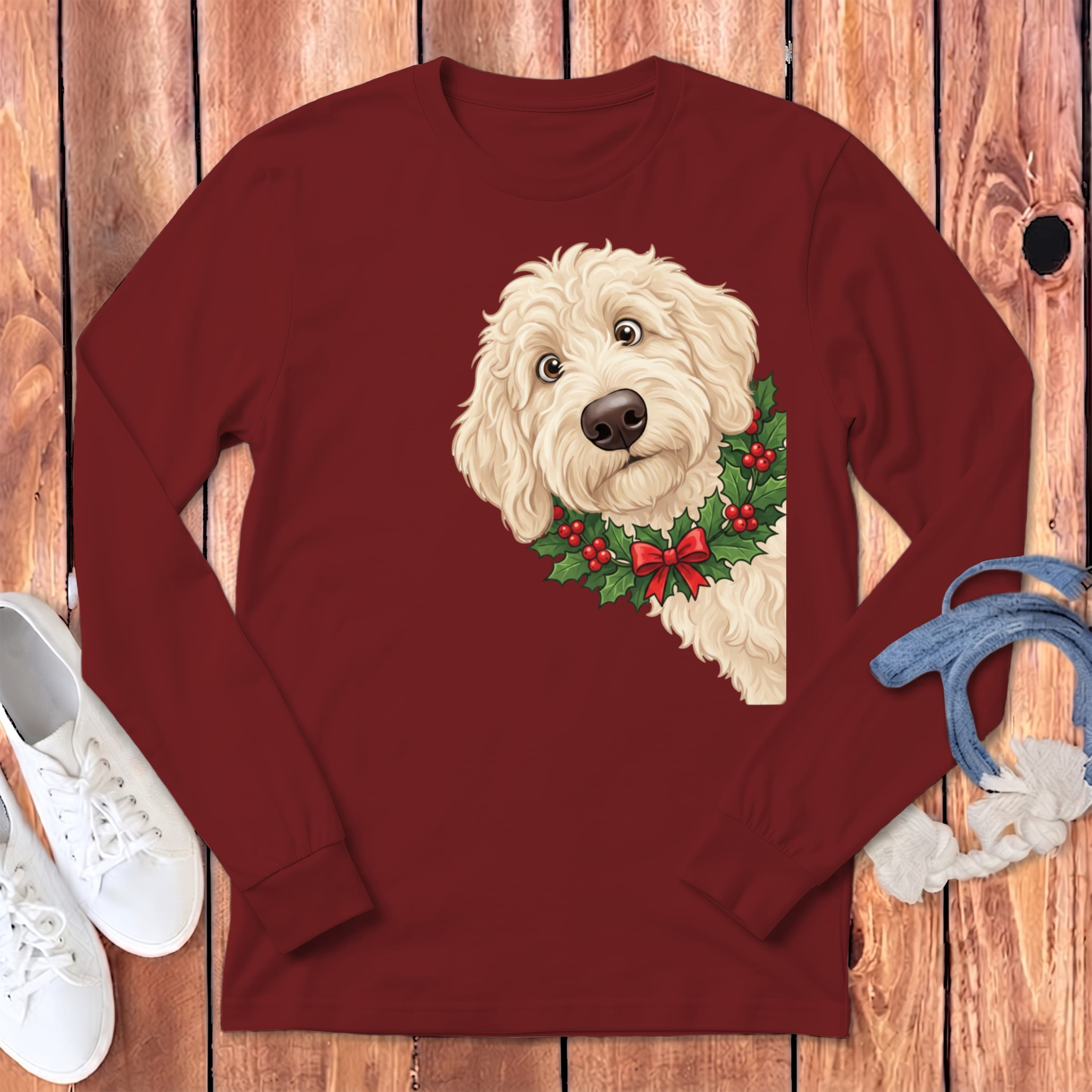 Peeking Holly Cream Goldendoodle Long Sleeve T-Shirt in Cardinal / S by Puppy Jo