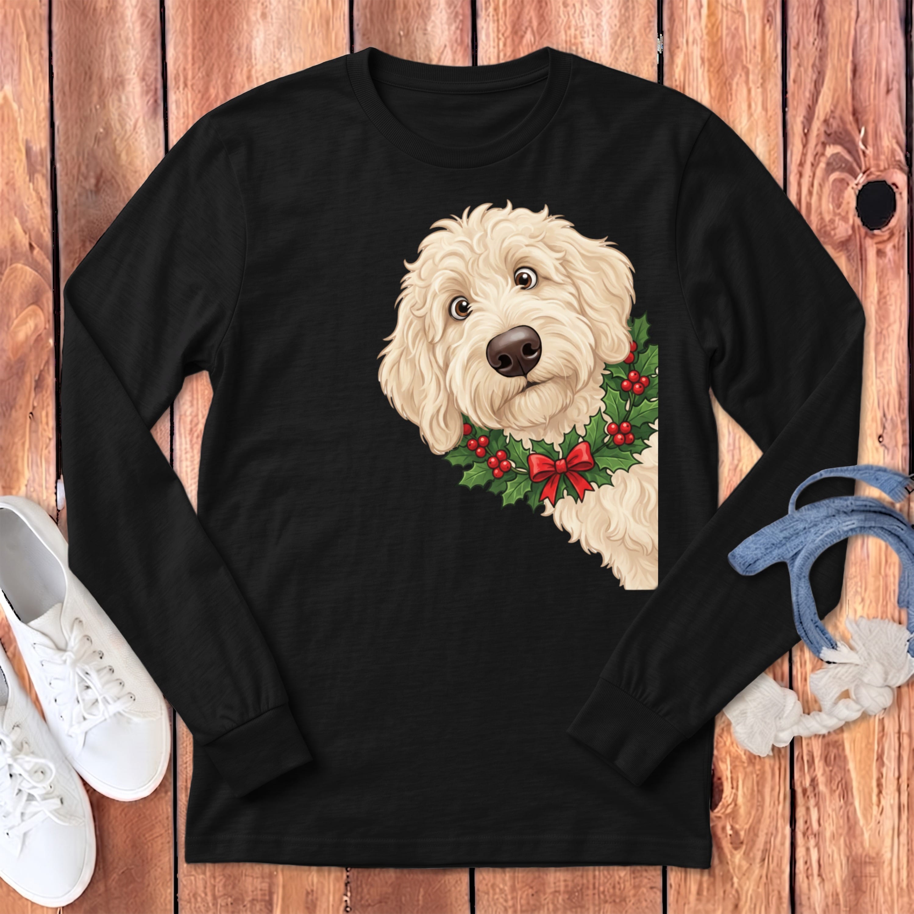 Peeking Holly Cream Goldendoodle Long Sleeve T-Shirt in Dark Grey Heather / S by Puppy Jo