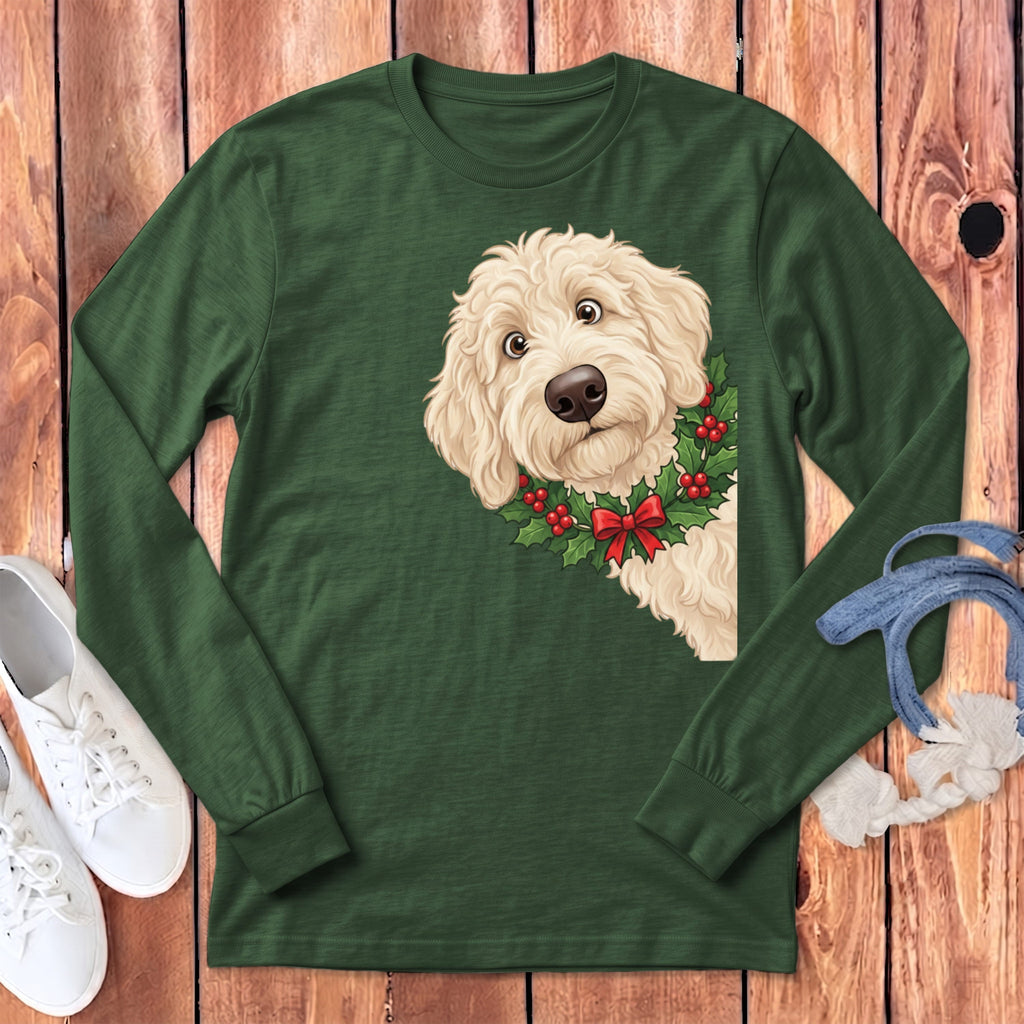 Peeking Holly Cream Goldendoodle Long Sleeve T-Shirt in Heather Forest / S by Puppy Jo