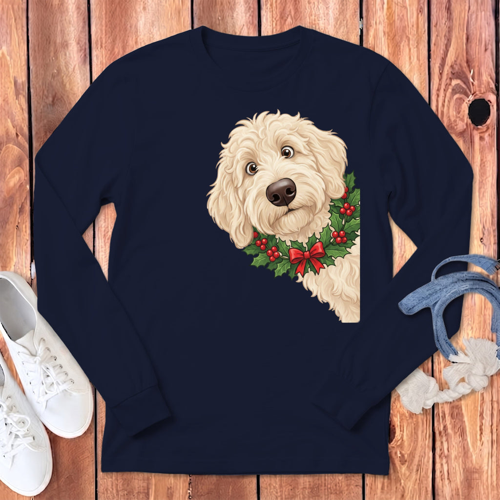 Peeking Holly Cream Goldendoodle Long Sleeve T-Shirt in Navy / S by Puppy Jo