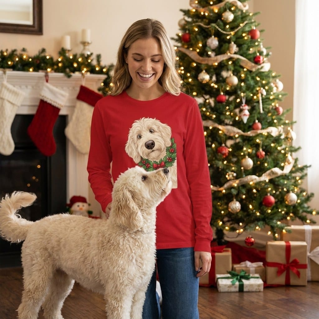 Peeking Holly Cream Goldendoodle Long Sleeve T-Shirt in by Puppy Jo