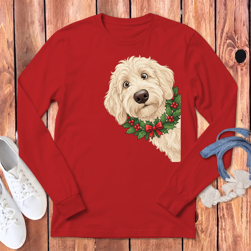 Peeking Holly Cream Goldendoodle Long Sleeve T-Shirt in Red / S by Puppy Jo