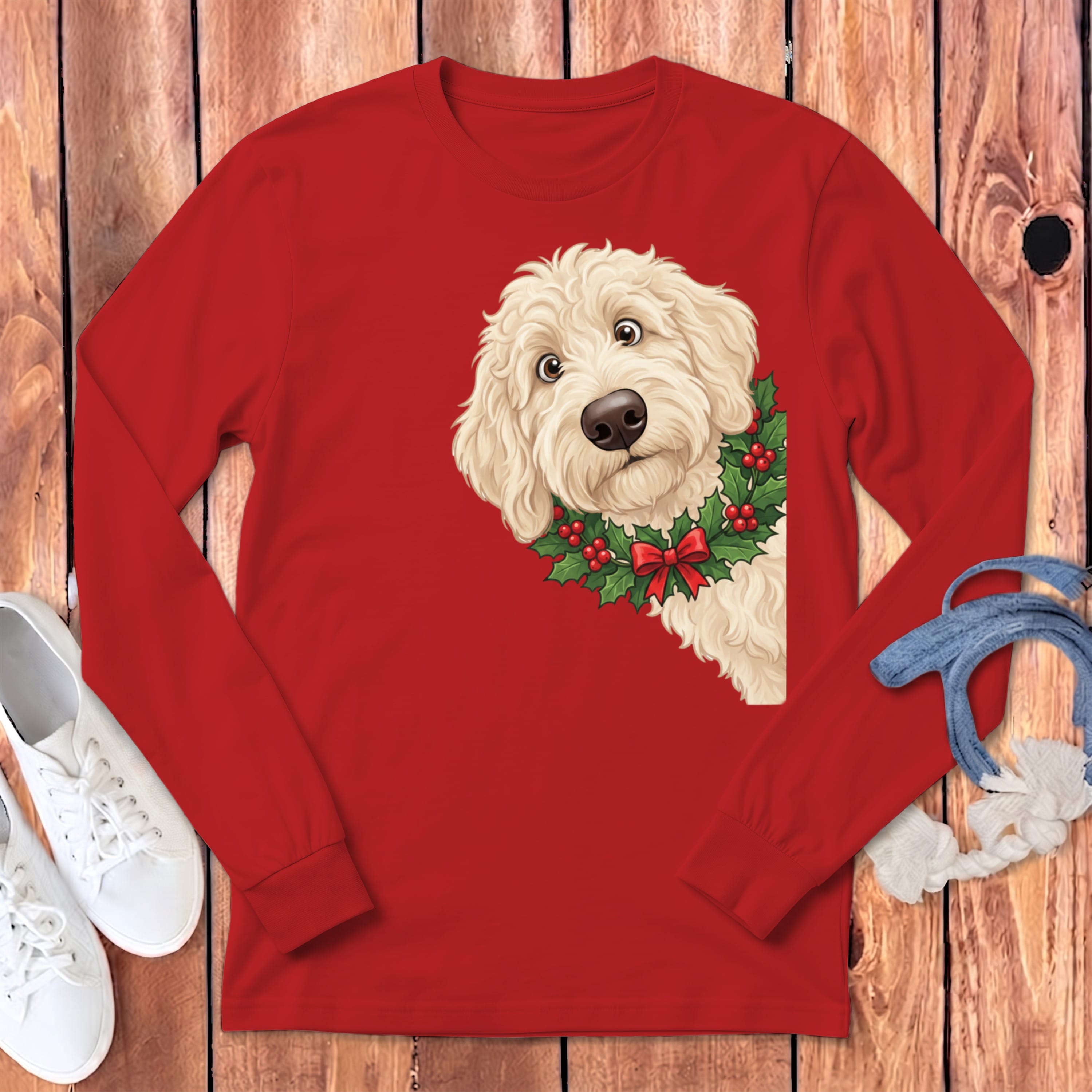 Peeking Holly Cream Goldendoodle Long Sleeve T-Shirt in Red / S by Puppy Jo