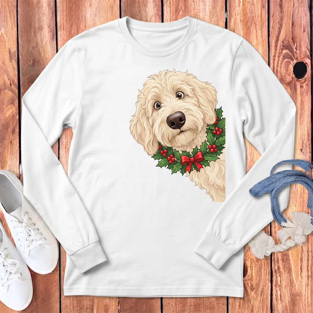 Peeking Holly Cream Goldendoodle Long Sleeve T-Shirt in White / S by Puppy Jo