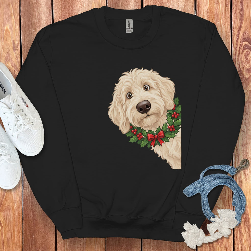 Peeking Holly Cream Goldendoodle Sweatshirt in Black / M by Puppy Jo