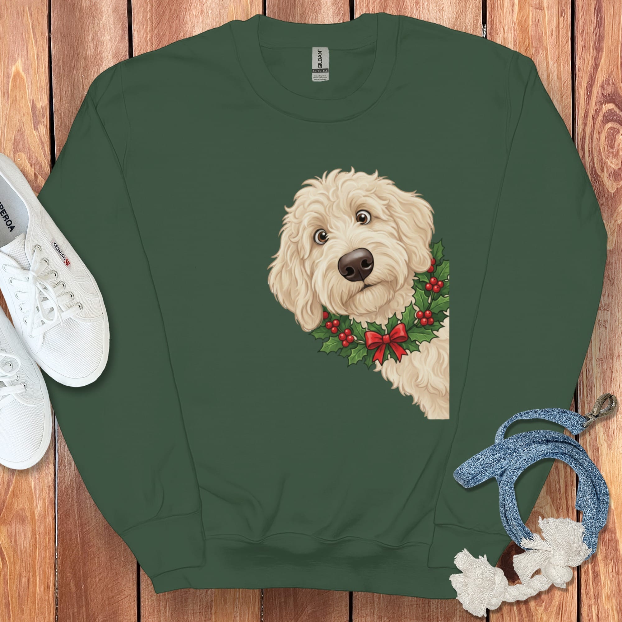 Peeking Holly Cream Goldendoodle Sweatshirt in Forest Green / M by Puppy Jo