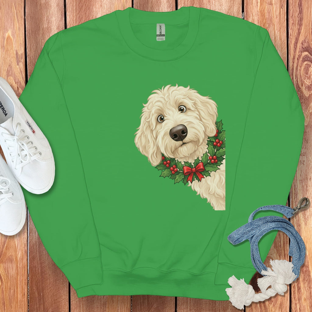 Peeking Holly Cream Goldendoodle Sweatshirt in Irish Green / M by Puppy Jo