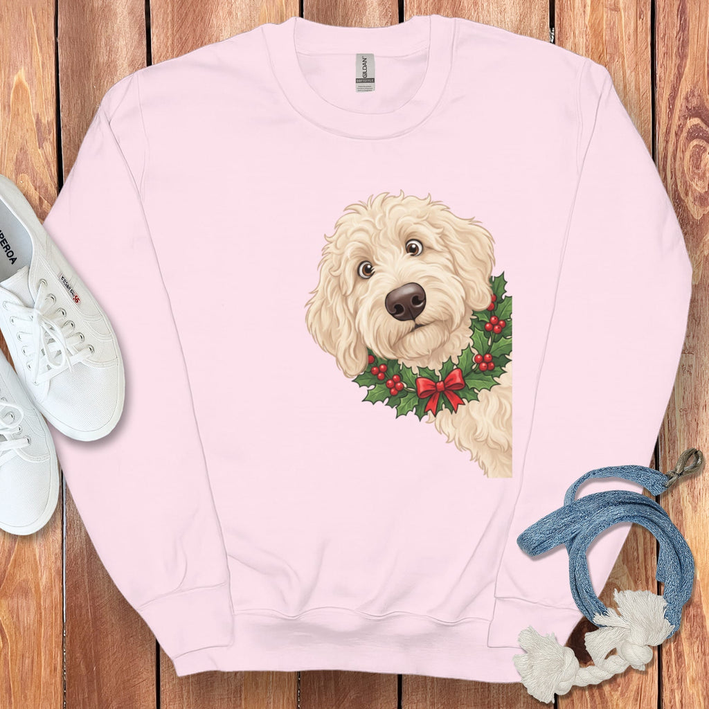 Peeking Holly Cream Goldendoodle Sweatshirt in Light Pink / M by Puppy Jo