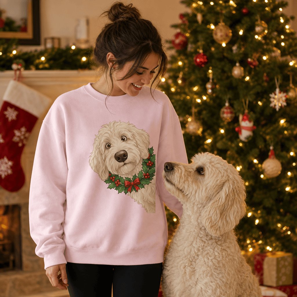 Peeking Holly Cream Goldendoodle Sweatshirt in by Puppy Jo