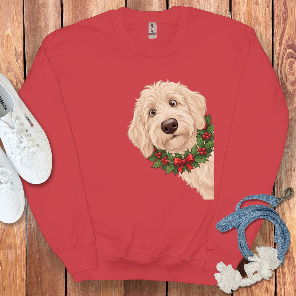 Peeking Holly Cream Goldendoodle Sweatshirt in Red / M by Puppy Jo