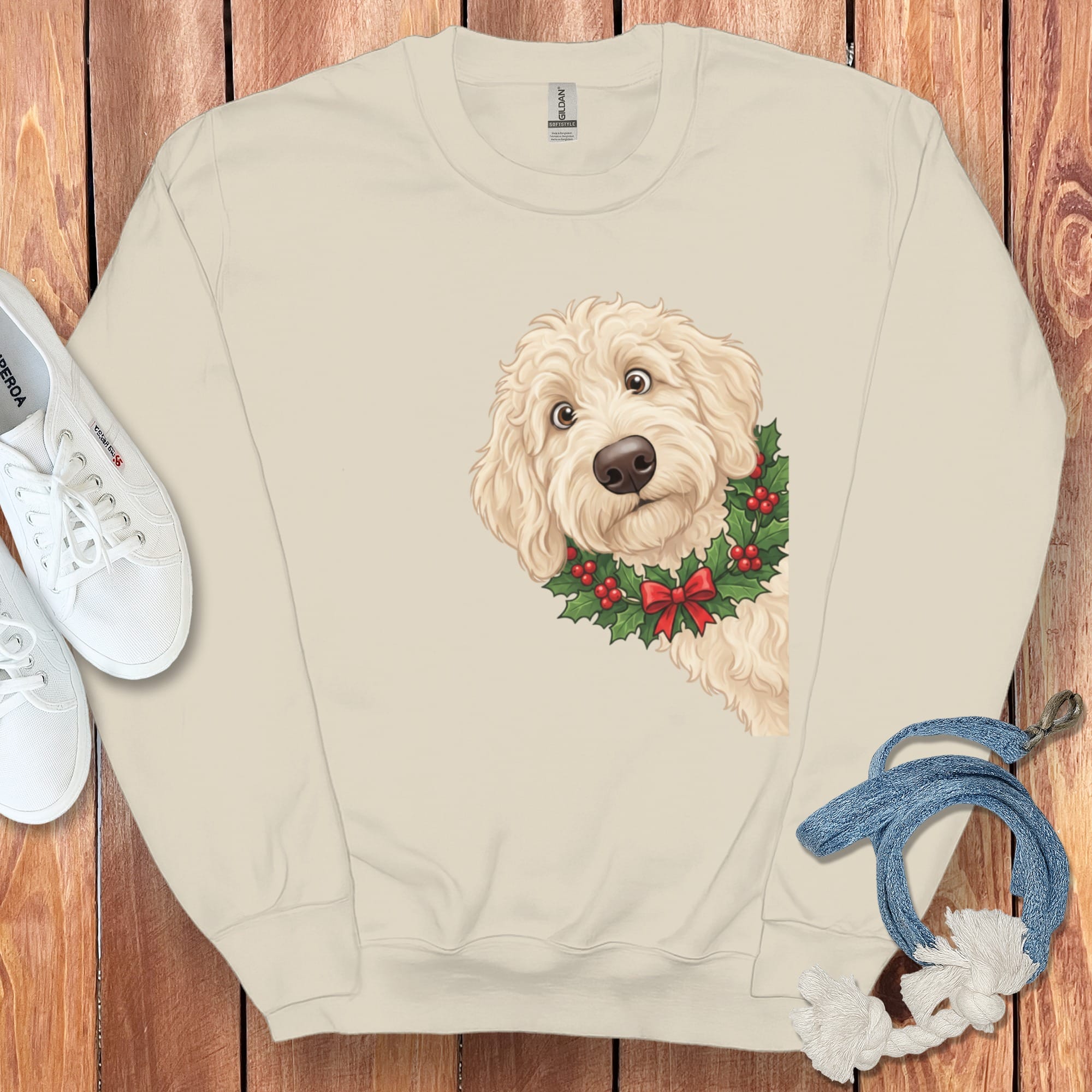 Peeking Holly Cream Goldendoodle Sweatshirt in Sand / M by Puppy Jo