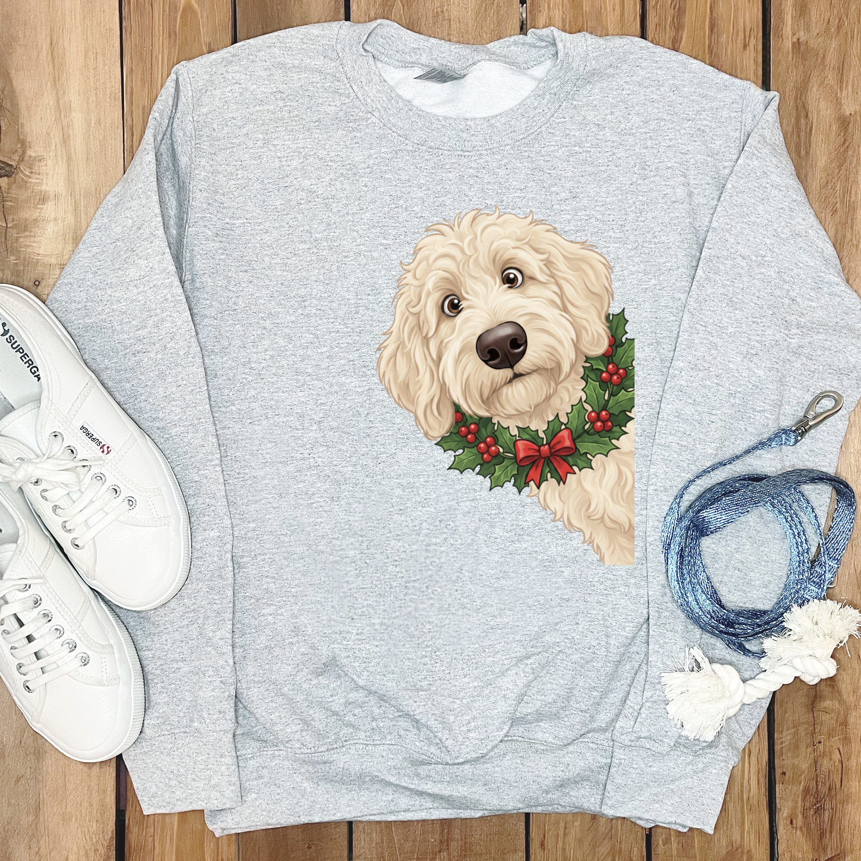Peeking Holly Cream Goldendoodle Sweatshirt in Sport Grey / M by Puppy Jo