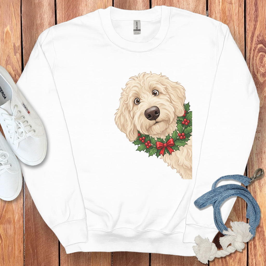 Peeking Holly Cream Goldendoodle Sweatshirt in White / M by Puppy Jo