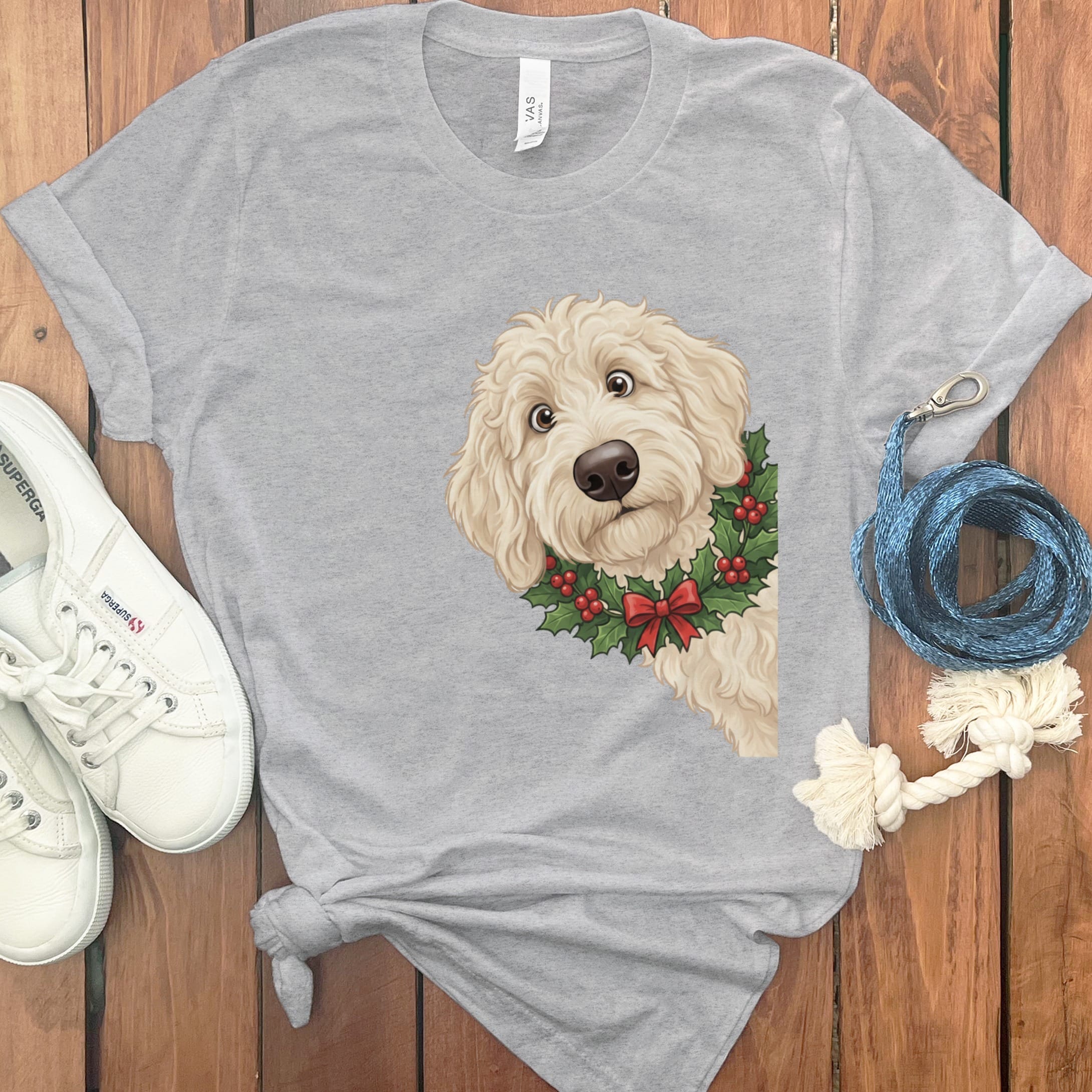 Peeking Holly Cream Goldendoodle T-Shirt in Athletic Heather / M / T-Shirts by Puppy Jo