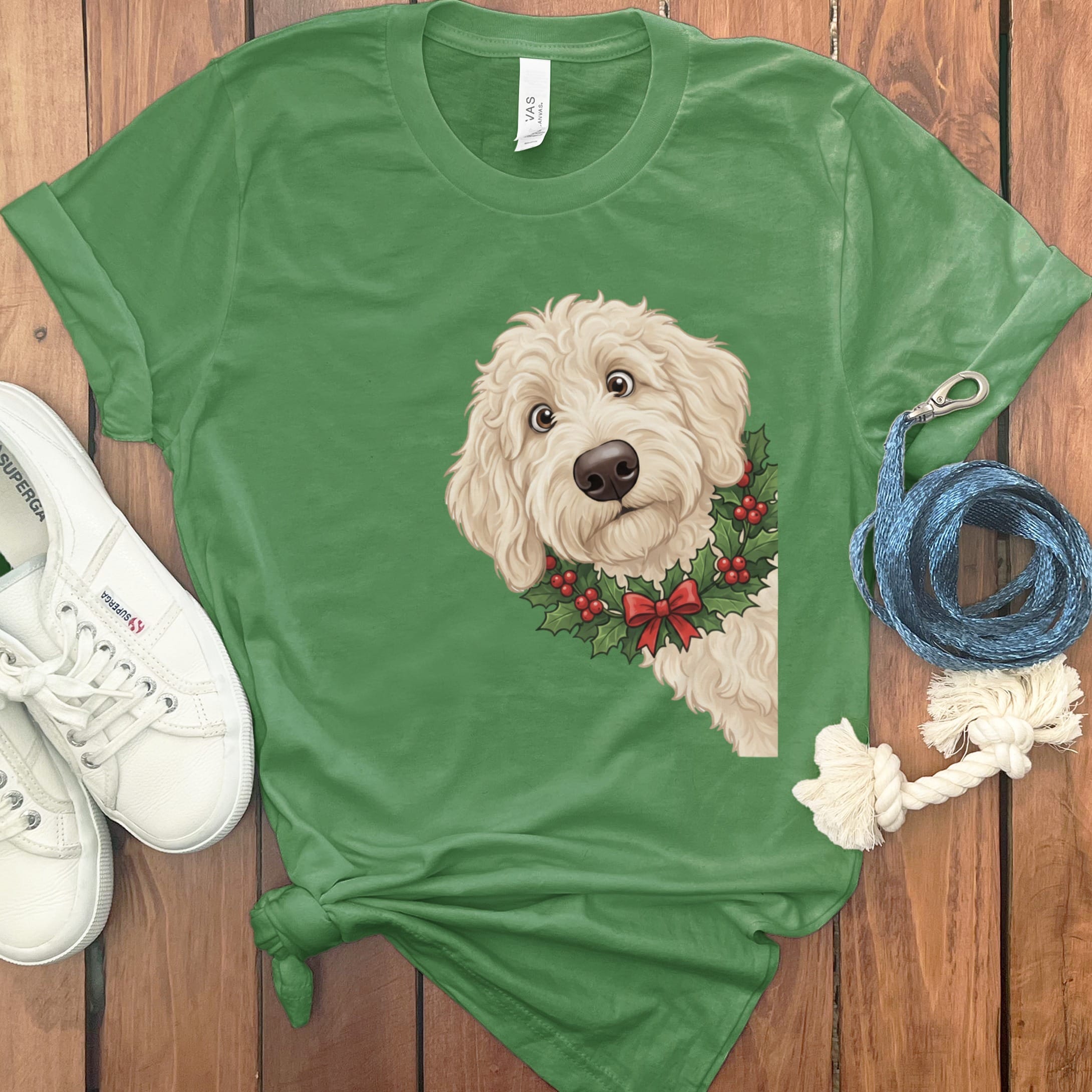 Peeking Holly Cream Goldendoodle T-Shirt in Leaf / M / T-Shirts by Puppy Jo